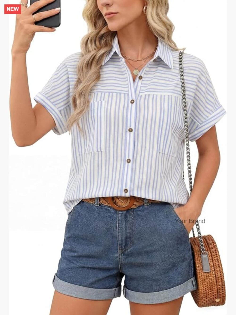 Short Sleeve Button Down Blouse with Pockets for Women Dressy Casual Business